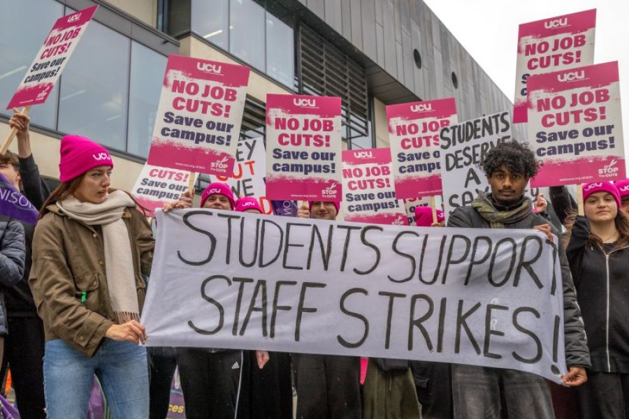 Students supporting their striking lecturers at the University of Essex Southend Campus.